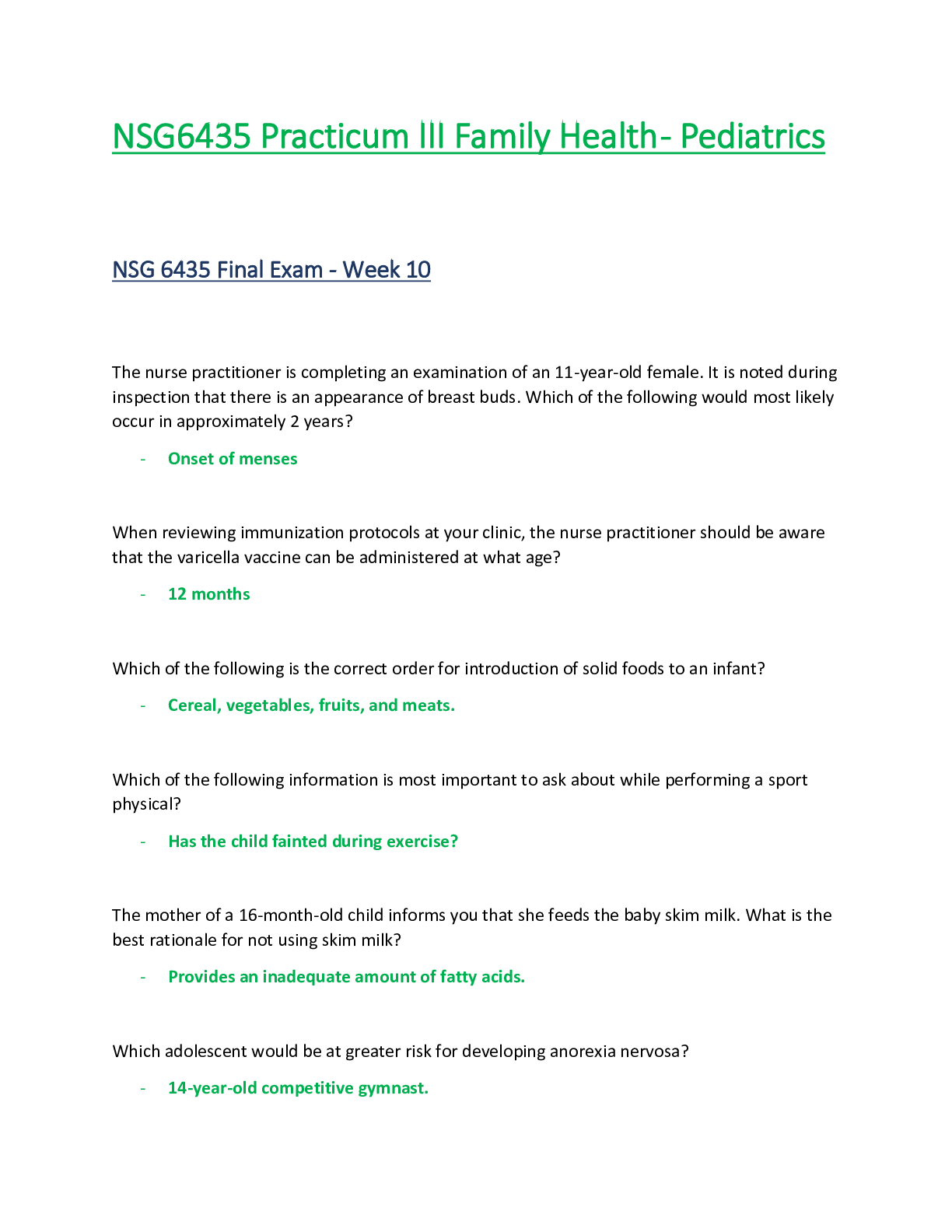 Preview of NSG6435 / NSG 6435 Final Exam Week 10 (Latest Update): Practicum III Family Health - Pedia